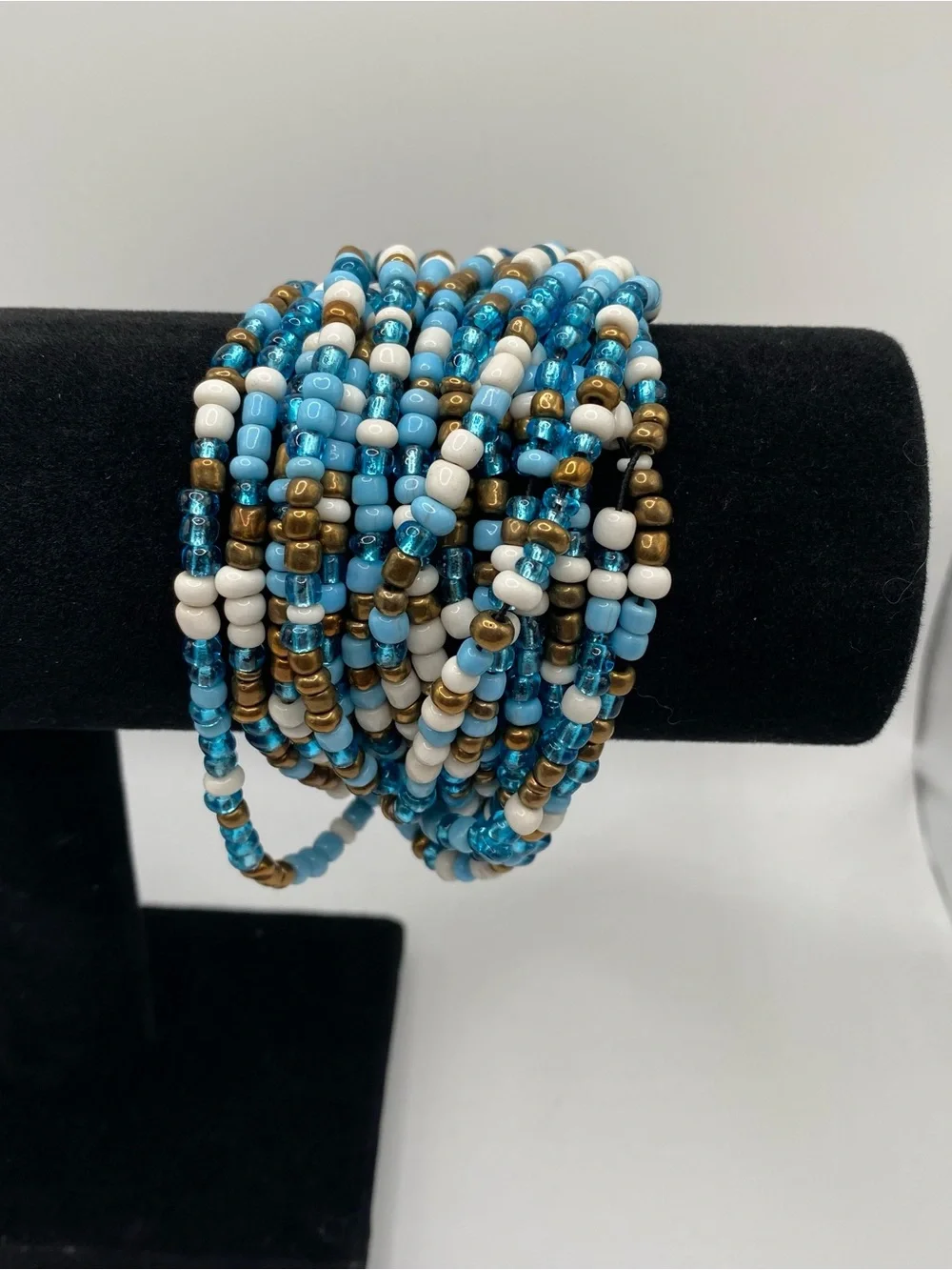 Vintage Beaded Stretch Bracelet Set - Blue, White & Gold wood accents